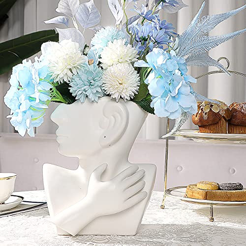 SANFERGE Keramikvase mit menschlichem Gesicht, Kopf-Oberkörper-Blumenvase, Skulptur für Heimdekoration, 24,1 cm, mattes Weiß
