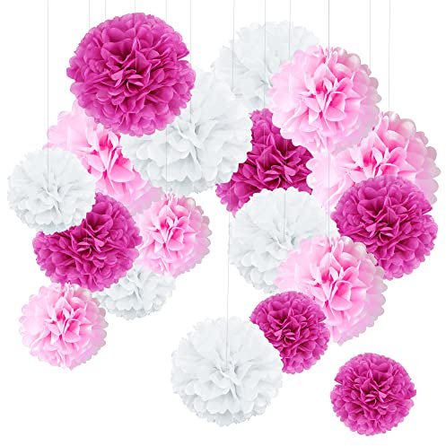 MILEEO 18 Stück Seidenpapier Pompoms Papier Pompons Blumen Ball Dekorpapier Kit für Hochzeit, Geburtstag, Baby Dusche, Party und Freien Hauptdekorationen 8,10,12 Zoll (Rosa)
