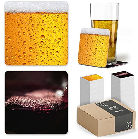 400 Posavasos de Cartón Originales, Decorativos y Absorbentes Bebidas y Líquidos. Portavasos para Mesa con Efectos de Acabado 10 x 10 cm y 1,4 mm Espesor. (Efecto Wine & Beer Cuadrado, 400)
