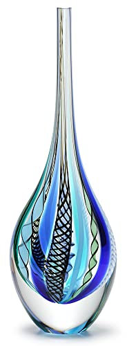 Ca D Oro Glasvase Boho mit blau-grünen Stangen, mundgeblasenes Kunstglas im Murano-Stil, Modell hoch