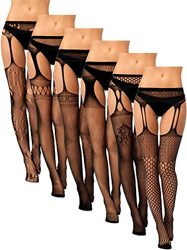 Geyoga 6 Paar Damen Netzstrümpfe Schwarze Spitze Netzstrumpfhose Ouvert Muster Strumpfhosen für Halloween Frauen