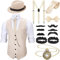 1920er Herren Zubehör Gatsby Gangster Kleidung Kostüm Halloween Cosplay Outfit mit Weste Fedora Hut Taschenuhr Hosenträger Fliege für Mann Halloween Cosplay (M, Beige)