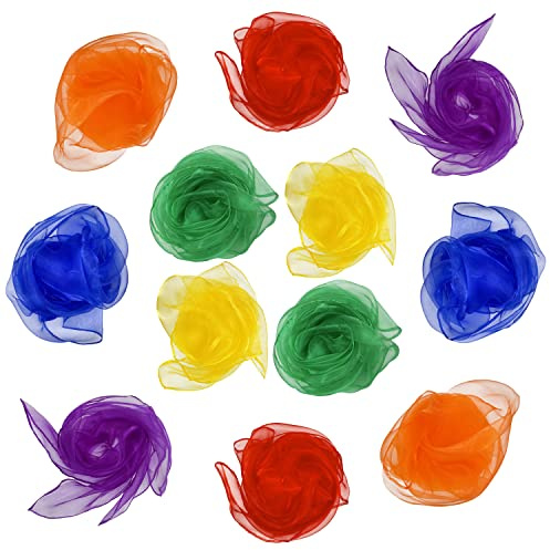 Lolakee Dance Scarves for Kids 12 Pcs Music Scarves Dance Scarf Play Scarves for Children Movement Square Juggling Silk Tricks Scarves Rhythm Band Scarves(6 Colors,24 x 24)