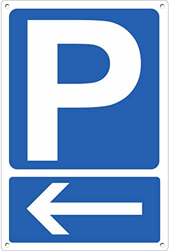 Pubblimania Panneau PARKING + flèche gauche en composite aluminium d'épaisseur 3mm, micro-perforé (4trous) à usage externe/interne (Parking flèche gauche 20 x 30)