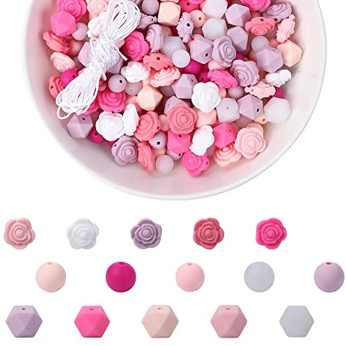 DanLink 200 Stück DIY Halskette Armband Perlen Set, Silikon Perlen für Handgemachte Handwerk Armband Schmuck Mit 5 Mt Seil Rosa Anzug