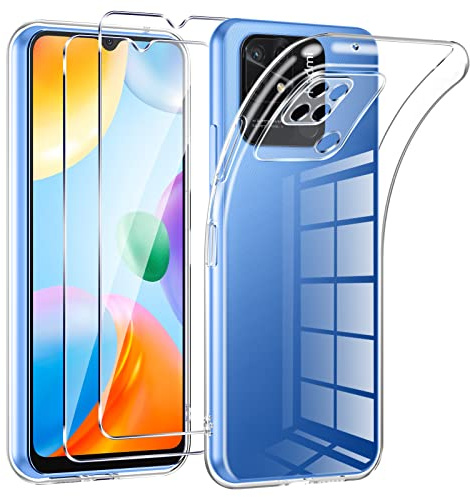 Phoona Coque pour Xiaomi Redmi 10C avec 2 Pièces Protection Écran en Verre Trempé,Ultra Transparente Silicone en Gel TPU Souple pour Redmi 10C Couqe,Antichoc Anti-Jaune Etui Bumper