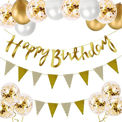 Gold Luftballons Geburtstag Dekoration, Geburtstagsdeko Happy Birthday deko Banner Set mit Gold Luftballons Konfetti Helium Ballons Dreiecksflaggen Girlanden für Geburtstag Party Dekoration