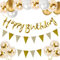 Gold Luftballons Geburtstag Dekoration, Geburtstagsdeko Happy Birthday deko Banner Set mit Gold Luftballons Konfetti Helium Ballons Dreiecksflaggen Girlanden für Geburtstag Party Dekoration