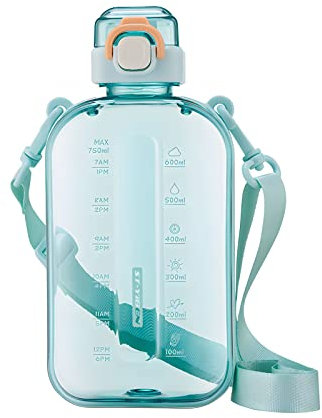 SEASEVEN Flat Water Bottle 750ML,Plastic Drinks Bottle,Sports Water Bottles with Time Markings,Girls Boys Waterbottle Leak-Proof & Bpa-Free for Gym,Cycling, Office, Outdoor(Flat Green)