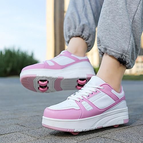 XRDSHY Schuhe mit Rollen für Kinder, 4 Rollen Skateboardschuhe Sportschuhe Jungen Mädchen, 2 in 1 Multifunktionale Rollschuhe Outdoor-Laufschuhe,Pink-34 EU