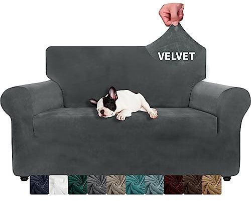 XINEAGE Samt Sofaüberzug 2 Sitzer, Stretch Sofa überzug für Wohnzimmer, Dicke Weiche Sofaüberwurf, Rutschfester Sofa Cover für Hunde, Haustiere (2 Sitzer, Grau)
