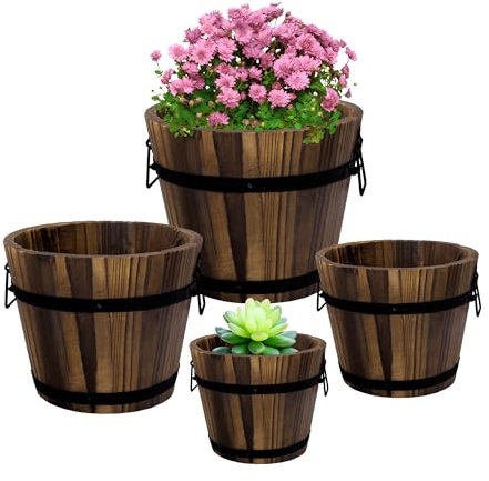 Adnee Whiskey-Fass-Pflanzgefäße aus Holz, 4 Größen, Holzeimer, Fass-Garten-Pflanzgefäß-Set, rustikale Blumentöpfe, Behälter für drinnen und draußen, Garten, Heimpflanzen (11,9 cm, 15,5 cm, 18 cm, 22,9