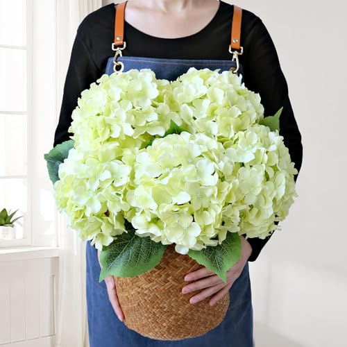 JINWOE Fiori artificiali di ortensia verde, 50 cm, grandi fiori realistici in finta seta, ortensie artificiali complete per bouquet da tavolo, centrotavola, per interni, primavera, esterni, casa