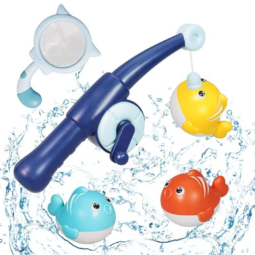 Giugio Badespielzeug Baby ab 1 2 3 Jahr, Angelspiel Badewannenspielzeug, Wasserspielzeug Kinder mit Fischernetz Angelstäbe, Schwimmendes Pool-Badewannenspielzeug, Badewannen Magnet Angeln Spielzeug