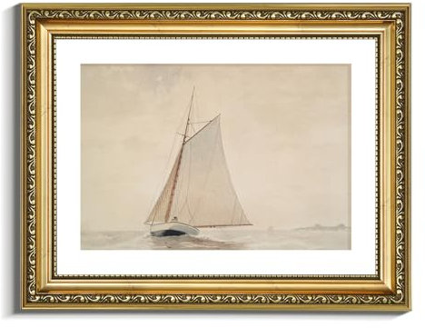 VIYYIEA Großer Goldgerahmter Kunstdruck auf Leinwand, für Wohnzimmer, weißes Segelboot, Meereslandschaft, Aquarellgemälde auf Leinwand, Küstenwandkunstdrucke für Wohnzimmer, Büro und Heimdekoration,