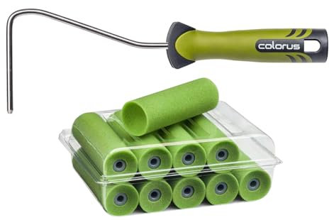 10 x Colorus Lackroller Set Lackierwalze Performance Star 11cm superfein | Lackierrolle beidseitig konkav | Schaumwalzen für wasserbasierte Lacke | Schaumstoff Rollen konkav mit 2K Edelstahl Bügel