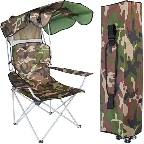 TRIZAND Chaise de pêche pliante avec accoudoirs, porte-gobelet, parasol jusqu'à 100 kg, pliable, dans sac de transport, motif camouflage