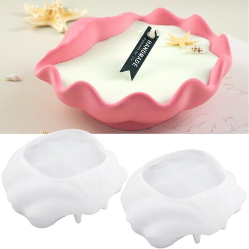 2Pcs Large 6.5 in Seashell Silicone Mold Resin Concrete Candle Tray Craft | Realistic clam shell texture, flexible silicone for easy release. Heat-resistant reusable, planters, candles storage dishes