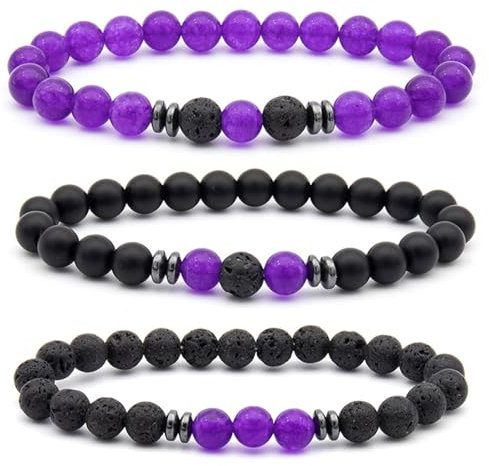 Wycian Armband Set Unisex, Lavaperlen Armband 3er Kristall Schwarzviolett Amethyst Lava Rock Trio 8mm Naturstein für Vatertag