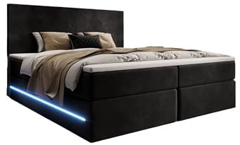 Boxspringbett Voyage 180x200 Doppelbett Polsterbett Bett mit LED und Stauraum | Bezug: Samt | Farbe: Schwarz | Härtegrad: H4 (100kg+)