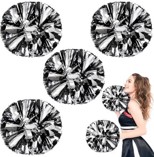 HOLENGS Cheerleader-Pompons, Cheerleader-Pompons für Kinder und Erwachsene, Cheerleader-Pompons für Schule, Sport, Spiele, Tanzparty, 30,5 cm, Schwarz und Silber, 4 Stück