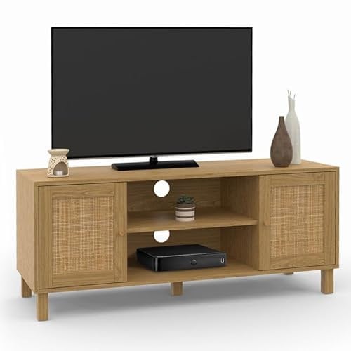 IDMarket - Meuble TV 115 cm Vintage HANAE 2 Portes Effet Naturel cannage