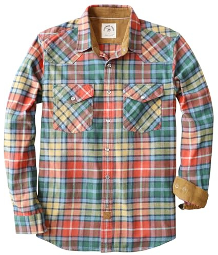 Dubinik® Flannel Shirt for Men Western Mens Pearl Snap Shirts Long Sleeve Casual Cozy Vintage Cowboy Plaid Soft Pure Cotton
