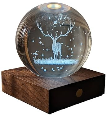 Gingko Amber 3D Laser Engraved Premium Crystal Light with Wooden Walnut Base, LED Lights, Touch Control Button, 4 Light Brightness, USB-C Charging, Packed in Premium Gift Box (Stag)