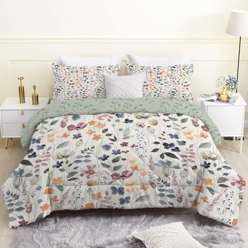 Linfye Bettdecke 240x220 cm, Beige Blume Bettdecke 220x240 4 Jahreszeiten, Salbeigrüne Pflanzen Steppdecke Waschbar Bettdecken, Vierjahreszeiten Schlafdecke Ganzjahresdecke mit 2 Kissenbezug 80x80cm