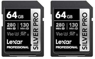 Lexar SILVER PRO SD Card 2x64GB, UHS-II SD Memory Card, V60, U3, C10, Up to 280MB/s Read, 130MB/s Write, SDXC Card for DSLR/Camera/Professional Photographer/Videographer/Enthusiast(LSDSIPR064G-B2NAA)