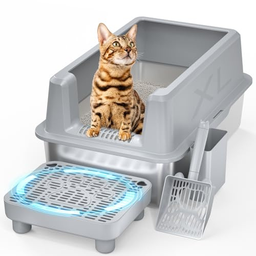 PereHome Caja de arena de acero inoxidable para gatos con tapa, caja de arena de metal extragrande para gatos grandes, bandeja de arena de acero de alta cara con diseño antifugas, sin olor, fácil de