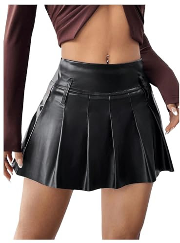 SOLY HUX Damen PU Leder Skater Rock Y2K Mini Rock Faltenrock Kurz Plissierter Rock Partyröcke Freizeitrock Clubwear Minirock Schwarz M
