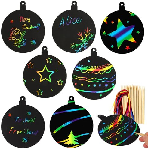 COLOFALLA 24 Stücke Weihnachten Kratzbilder Regenbogen für Kinder Kratzpapier Weihnachten Basteln mit Stäbchen und Band Weihnachten DIY Weihnachten Hängendeko