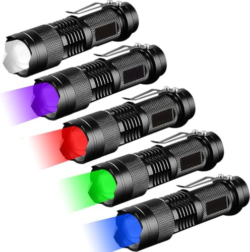 MVIOCS Taschenlampe, 5 Farben, 3 Modi: Rotlicht-Taschenlampe, Grünlicht-Taschenlampe, Blaulicht-Taschenlampe, UV-Licht-Taschenlampe, kaltweißes Licht für Nachtbeobachtung, 5 Stück