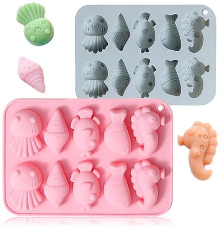 Honicemar Molde de Silicona con Forma de Vida Marina de 10 Cavidades, Silicona Molde con Dibujos de Animales, 2 Pcs de Molde Silicona Antiadherentes de Horneado para Pastele Chocolate Helado Dulces