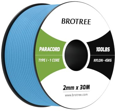 Brotree Paracord 2mm 30M Cuerda Nylon 1 Hebra Cuerda Paracaídas Tipo I para Exterior, Pulseras, Bricolaje - 45 kg Carga de Rotura (Azul Cielo)