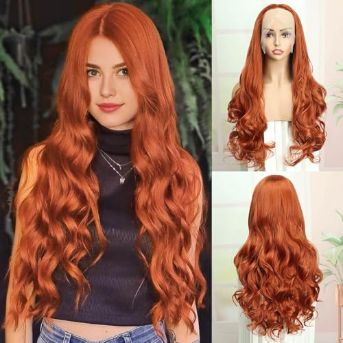 Queentas Ginger Lace-Front-Perücke, klebstofffrei, lang, lockig, für Damen, synthetische U-Teil-Perücke für den täglichen Gebrauch, Party, Halloween, Ingwerfarben
