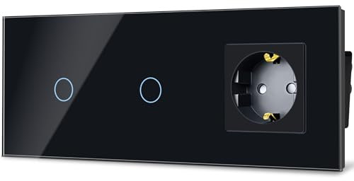 TAWOIA Normaler Lichtschalter mit Steckdose, EU Standard 1 Fach Steckdose mit Doppelt Touch Lichtschalter 1 Fach 1 Wege Unterputz Lichtschalter Glasscheibe Berührungs Lichtschalter 86 * 228mm Schwarz
