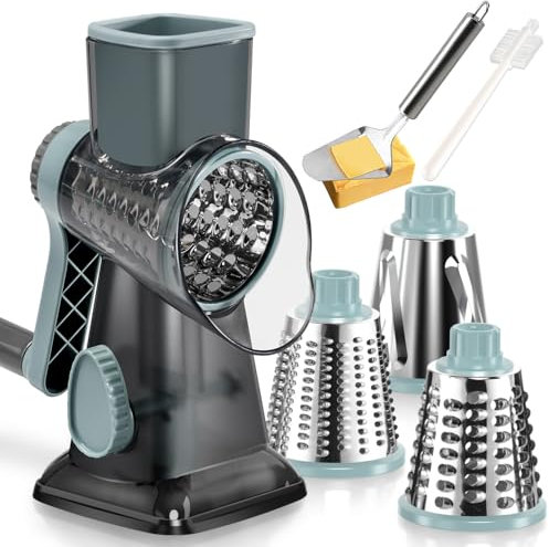 Badelite Cheese Grater Vegetable Cheese Shredder Slicer Grater for Kitchen 3 Changeable Blades for Cheese Potato Zucchini Nuts Chocolate (Grey Blue)