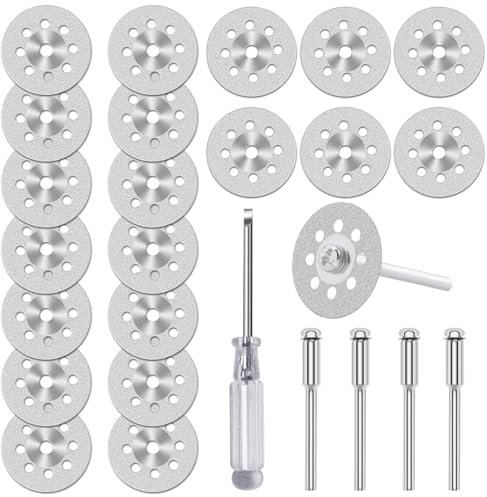 20 Stück Diamant Trennscheiben (22mm) für Multifunktionswerkzeuge für Rotationswerkzeug, Mini Diamant Sägeblätter Trennscheibenmit 4 Stück 3mm -Schaft für Glas Stein Fliese（Ein Schraubenzieher）