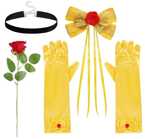 Jmkcoz Princess Costume Accessories for Women Halloween Dress Up Yellow Hair Bow Clips Gloves Choker Rose Set for Birthday Cosplay Party