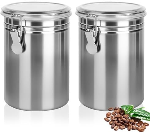 RUCUDIM 2 latas de café herméticas con tapa, 1,8 L, recipiente de acero inoxidable, para granos de café, recipiente para moler, granos, té, harina, cereales y azúcar (plata)