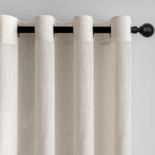 MYSKY HOME Gardiner linnegardin med öljetter voile gardin linneutseende modern halvtransparent för vardagsrum dekorativ gardin köksgardiner gardin sovrum linnefärg 140 x 160 cm, set om 2
