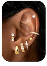 DOCHAIS 7 Paar Ohrringe Silber/Gold Set für Damen 316L Chirurgenstahl Creolen Ohrstecker 18 Karat Vergoldet Ohrringe Set mit Ear Cuff Fake Piercing Helix Knorpel Tragus Conch Piercings Ohr Ohrring
