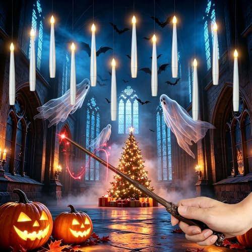 ERWEY Schwebende Kerzen 12 Stück, Flammenlose Kerzen mit Zauberstab, Hängende Fliegende Kerzen Floating Candles Geschenke für Hochzeit Weihnachten Party Dekoration