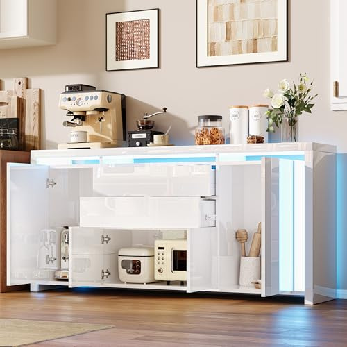 Modernes Wohnzimmer-Buffet 160x35x75 cm mit LED, Schrank mit 2 Schubladen und 4 Türen, Modernes Hochglanz-Sideboard Hochglanz-Wohnzimmer-Kommode Hochglanz-Esszimmer-Buffet und Küchenschrank (Weiß-2