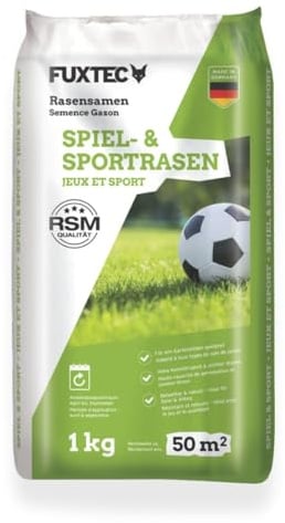 FUXTEC Rasensamen Spiel- & Sportrasen FX-RSSP1 1 kg • robuster Gartenrasen für Neuansaat und Nachsaat • Grassamen für Garten und Sportfläche • keimstarke Rasensaat • für ca. 50 m²