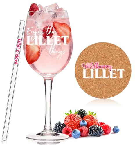 Lillet Gläser Set, 320ml Lillet Glas mit Gravur | Glasstrohhalme | Korkuntersetzer, Weinglas für Lillet, Geschenkidee für Aperol Spritz Wildberry Lillet Cocktail Liebhaber (Lillet)