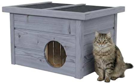 QLS Katzenhaus Outdoor 40×50×37 cm aus Holz mit klappbarem Dach, 2 cm Styropor, wetterfest & Winterfest, Kälteschutz-Vorhang (Grau)