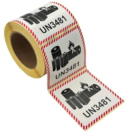 UN3481 Dangerous Goods Labels for Lithium-Ion Batteries, 100mm x 100mm, Red and White, Glossy Paper, Square, 500 Labels per Roll